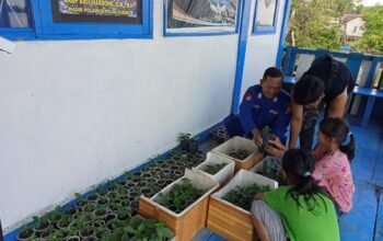 Dampingi Anak anak, Bripka Rizal Anggota Polairud Pos Pangkalan Sandar Upang Edukasi Cara Pembibitan Tanaman Cabe
