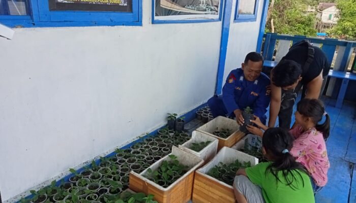 Dampingi Anak anak, Bripka Rizal Anggota Polairud Pos Pangkalan Sandar Upang Edukasi Cara Pembibitan Tanaman Cabe
