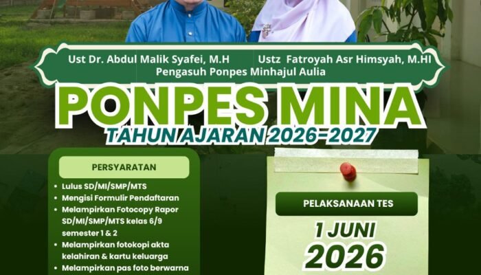 Ayo Daftar Sekarang, Ponpes Mina Mulai Terima Santri Baru 2026 – 2027, Ini Jadwal Tesnya